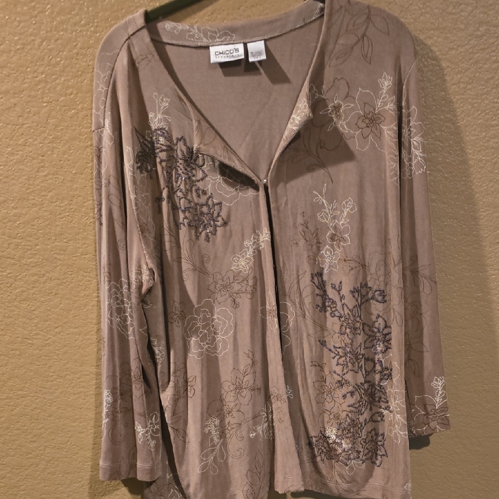 Chico's TRAVELERS COLLECTION Taupe Floral Embellished Jacket Size 3